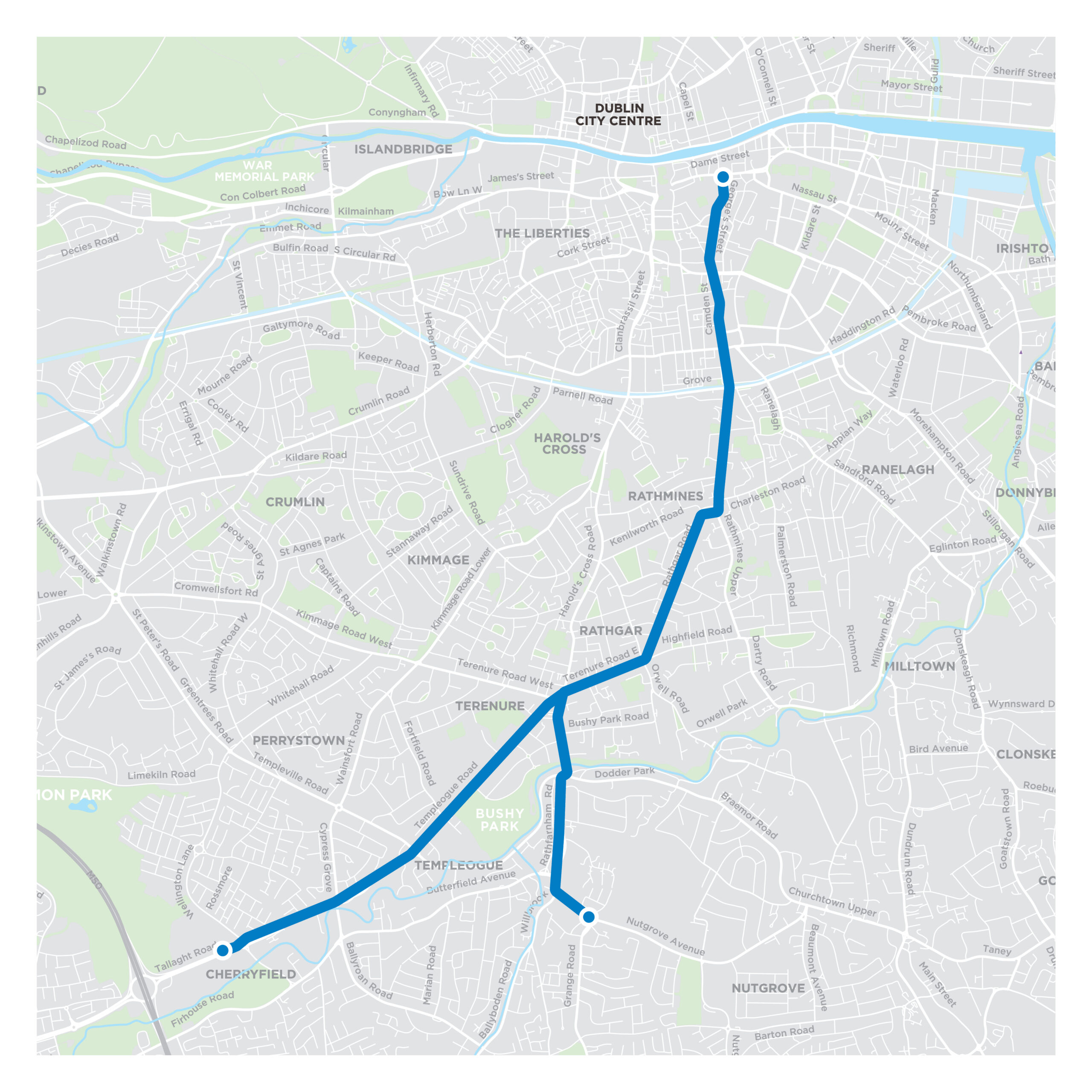 The image shows a map of Dublin, highlighting the route of the proposed Templeogue/Rathfarnham to City Centre bus corridor.